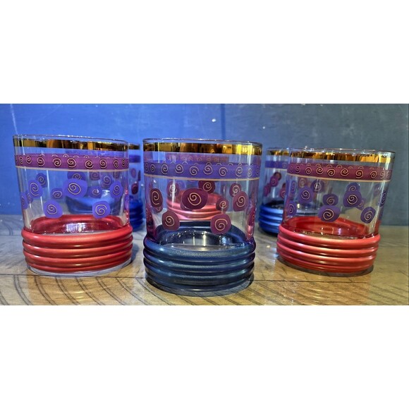 Sakura Sango Sue Zipkin MCM Golf Rim MCM Drinking Glass Blue Red Gold Rimmed VTG - Picture 2 of 3